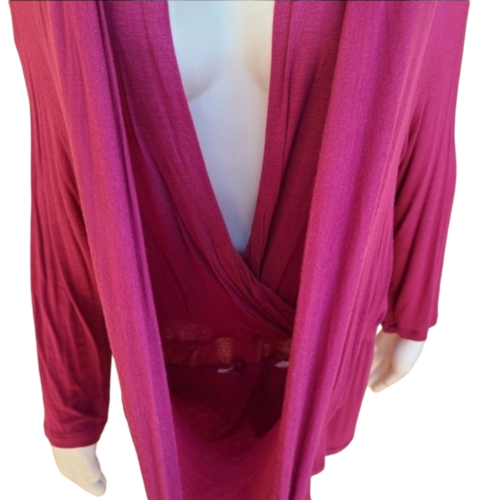 FEVER Raspberry Pink Faux Wrap Top 1X Draped Front Long Sleeve Knit Blouse - Picture 10 of 15